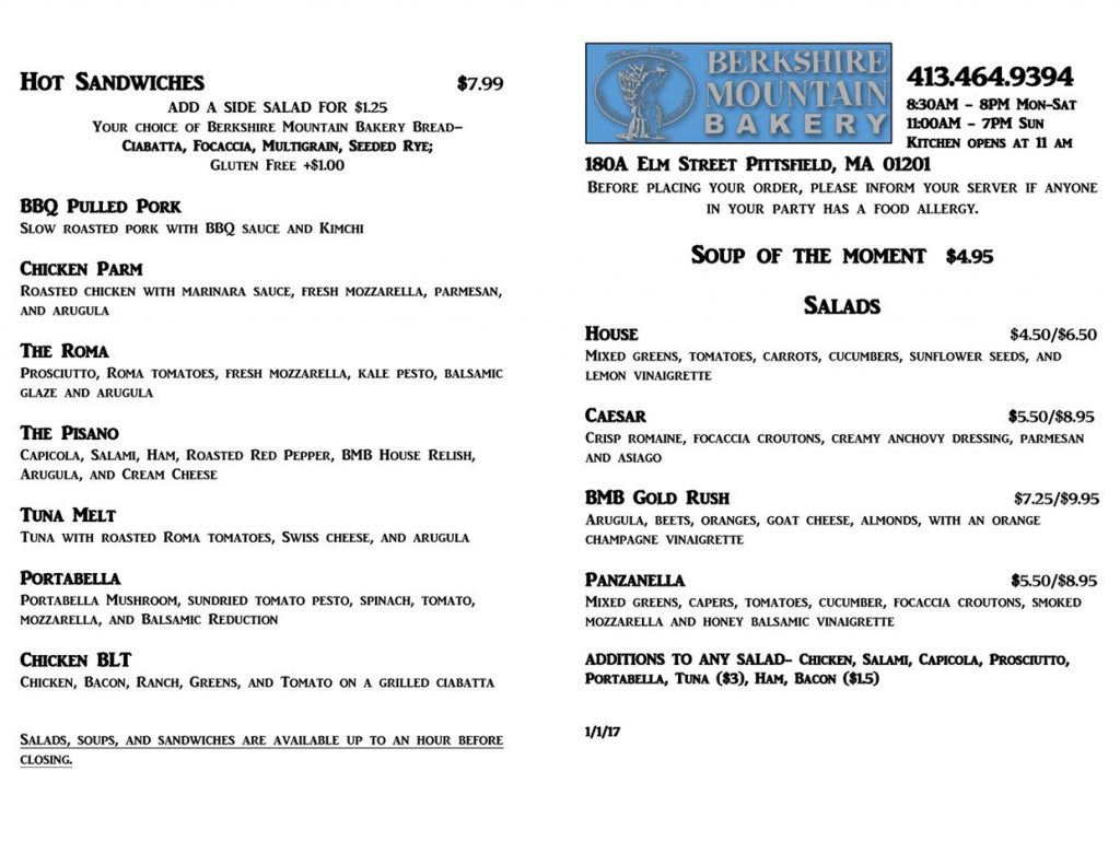 Pittsfield Pizza Cafe Menu Berkshire Mountain Bakery