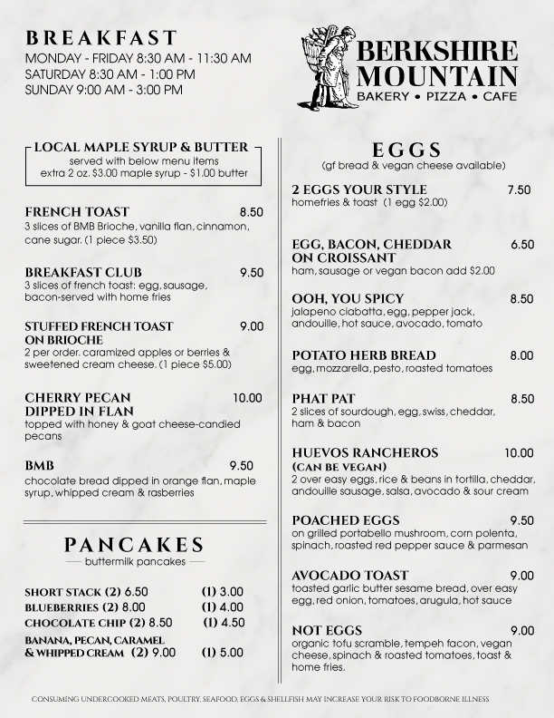 Pittsfield Pizza Cafe Menu Berkshire Mountain Bakery