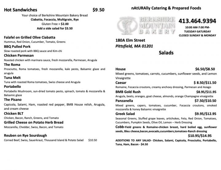 Pittsfield Pizza Cafe Menu Berkshire Mountain Bakery